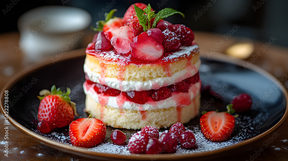 Strawberry shortcake layered with fluffy sponge and fresh strawberries on elegant plate