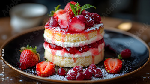 Obraz na płótnie Strawberry shortcake layered with fluffy sponge and fresh strawberries on elegant plate w salonie