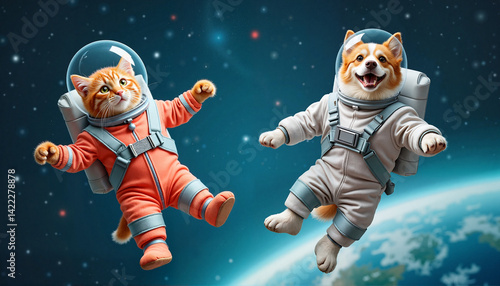 Astronaut cats and dog floating in space with Earth backdrop  