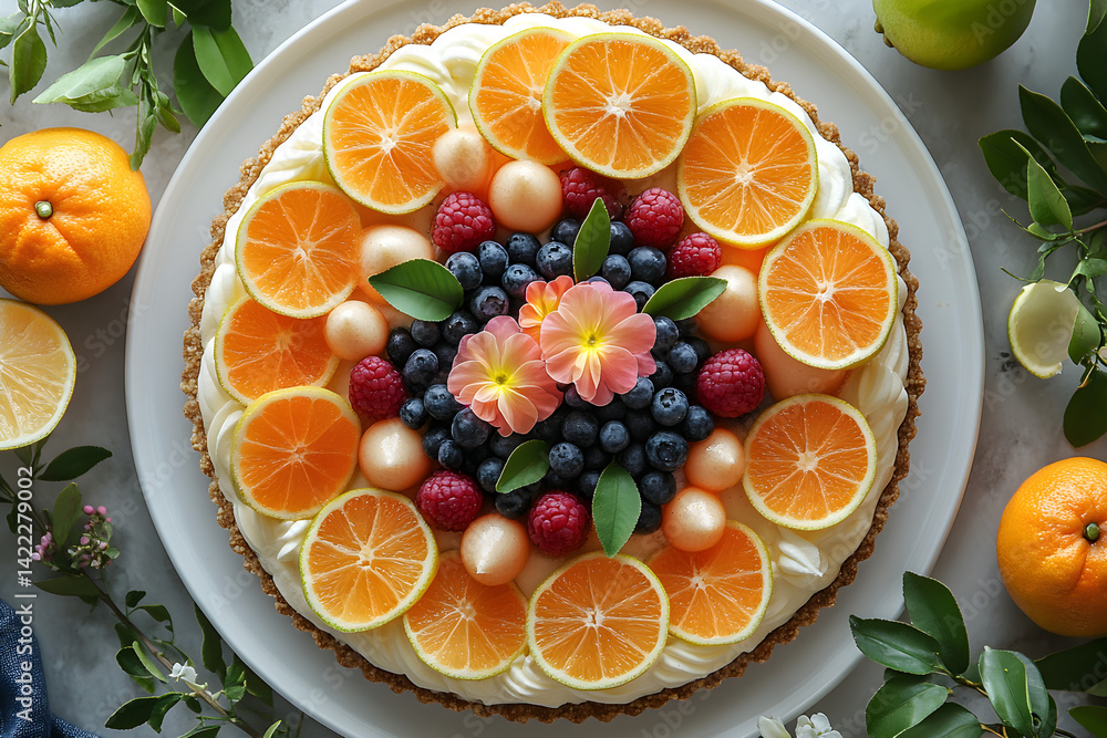 Tangy key lime pie with graham cracker crust and bright citrus color accents