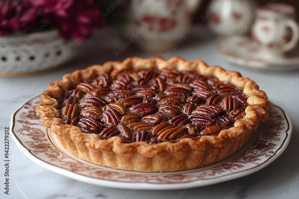 Warm pecan pie with golden crust and rich filling on vintage plate