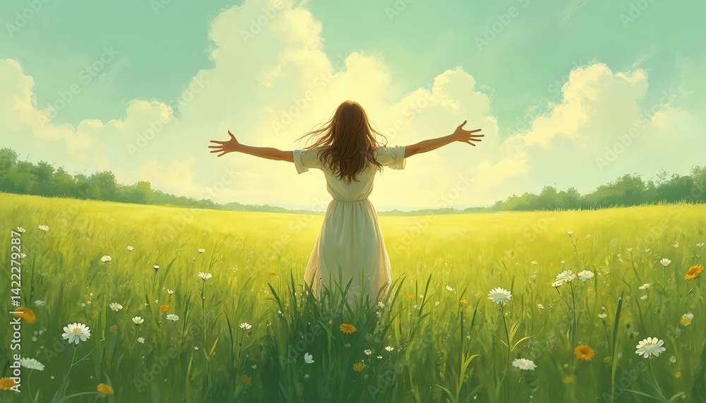 Woman with open arms in green field. Peaceful nature scene, sunny day. Freedom, joy, relaxation, wellness concept. Scenic landscape meadow, blue sky background. Woman with open arms in green field. Peaceful nature scene, sunny day. Freedom, joy, relaxation, wellness concept. Scenic landscape meadow, blue sky background.