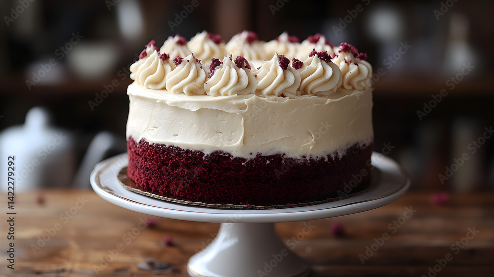 Red velvet cake with cream cheese frosting and smooth deep red layers on elegant plate