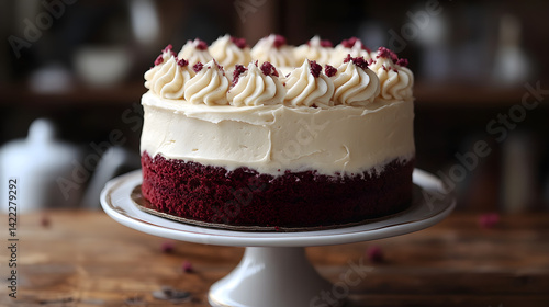 Obraz na płótnie Red velvet cake with cream cheese frosting and smooth deep red layers on elegant plate w salonie