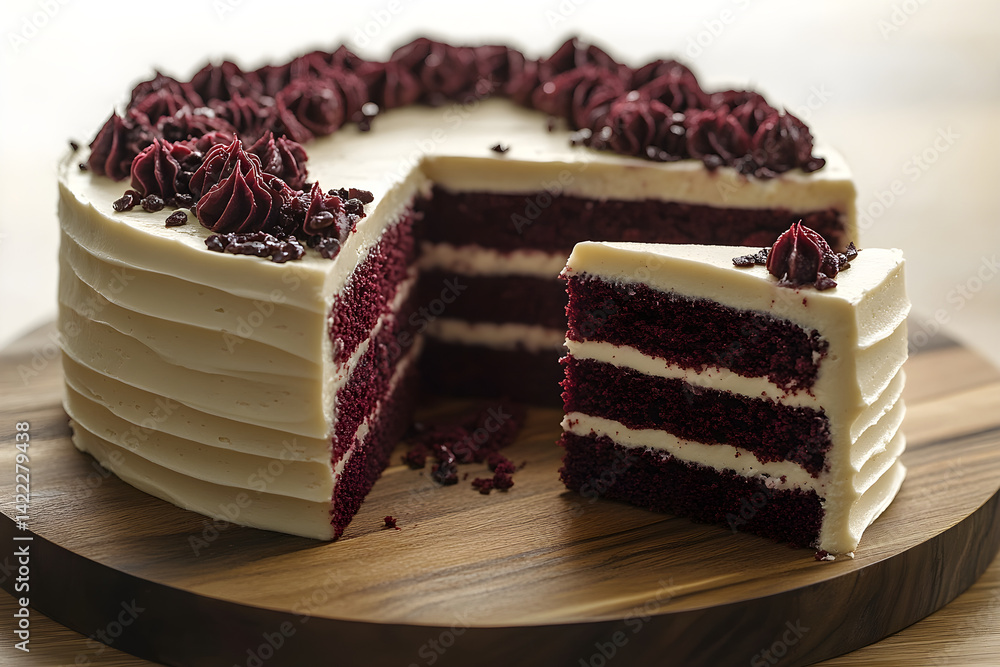 Sliced red velvet cake with rich frosting and detailed texture on wooden counter