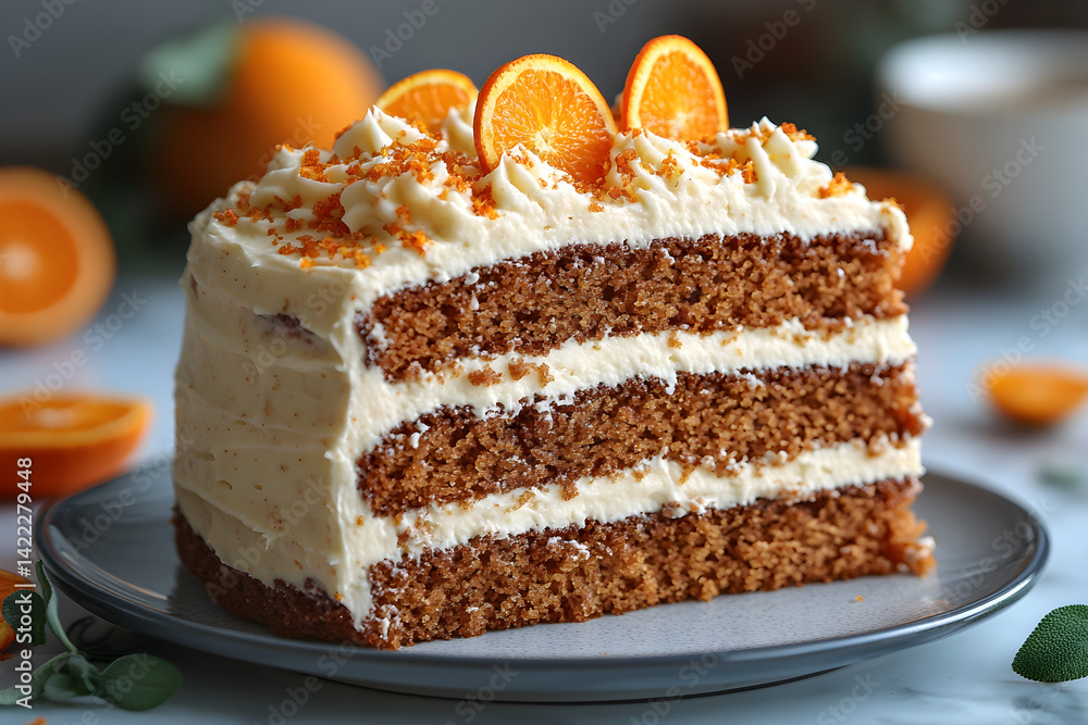 Moist carrot cake with creamy frosting and bright orange accents on marble surface