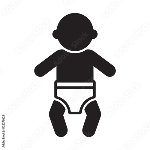 Black and White Baby Icon in a Sitting Position Wearing a Diaper Representing Infants, Nursery, Childcare, and Parental Care Editable Vector Illustration Isolated on a White Background