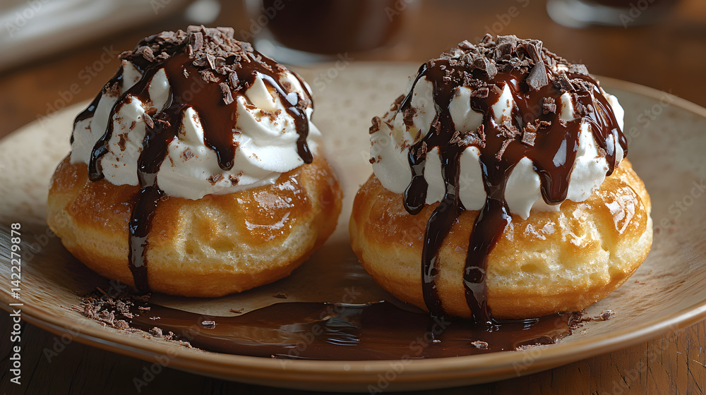Profiteroles filled with whipped cream and drizzled with chocolate sauce