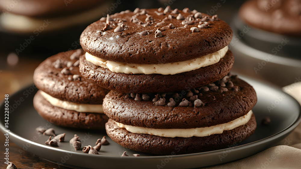Whoopie pies with soft chocolate cookies and creamy filling served on a plate