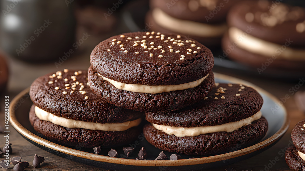 Whoopie pies with soft chocolate cookies and creamy filling served on a plate
