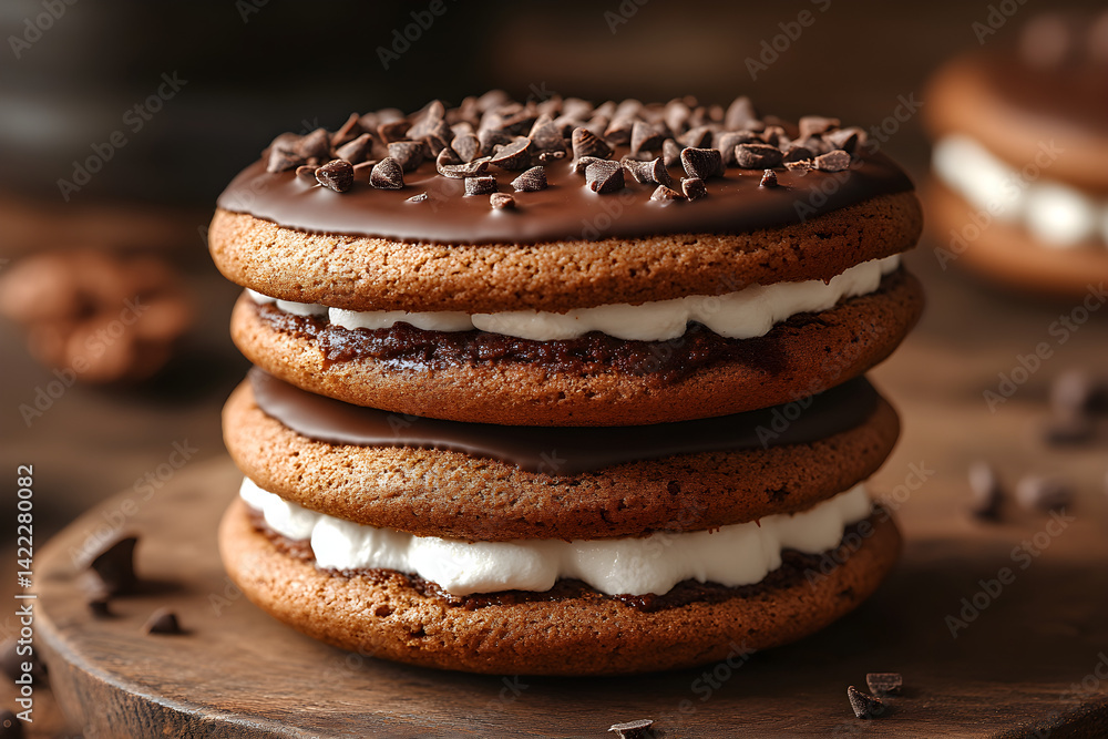 Sweet whoopie pies with marshmallow filling and chocolate outer layer