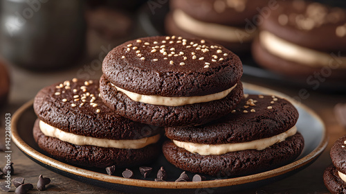 Whoopie pies with soft chocolate cookies and creamy filling served on a plate