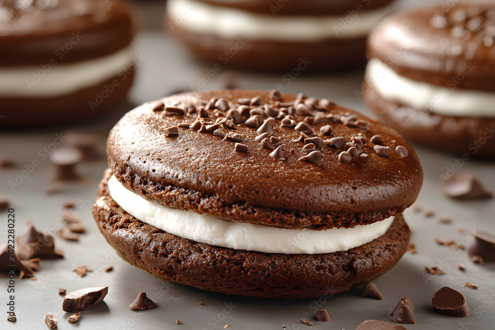 Sweet whoopie pies with marshmallow filling and chocolate outer layer