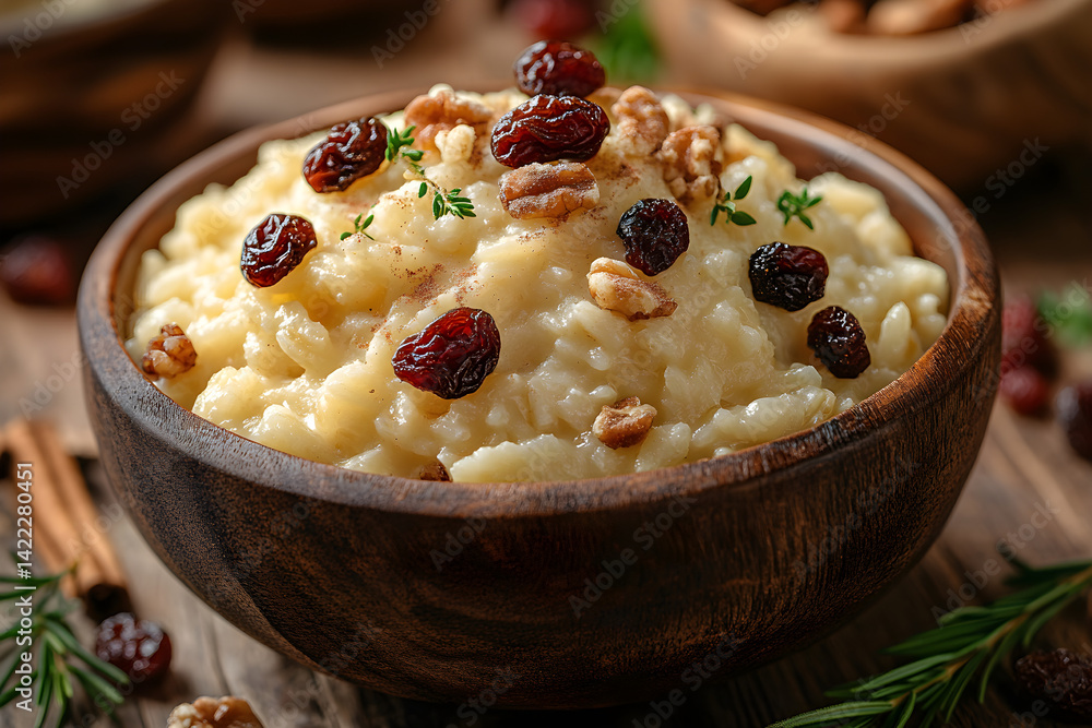 Warm rice pudding topped with raisins and a hint of cinnamon on rustic surface