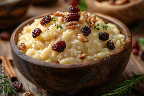 Obraz na płótnie Warm rice pudding topped with raisins and a hint of cinnamon on rustic surface w salonie