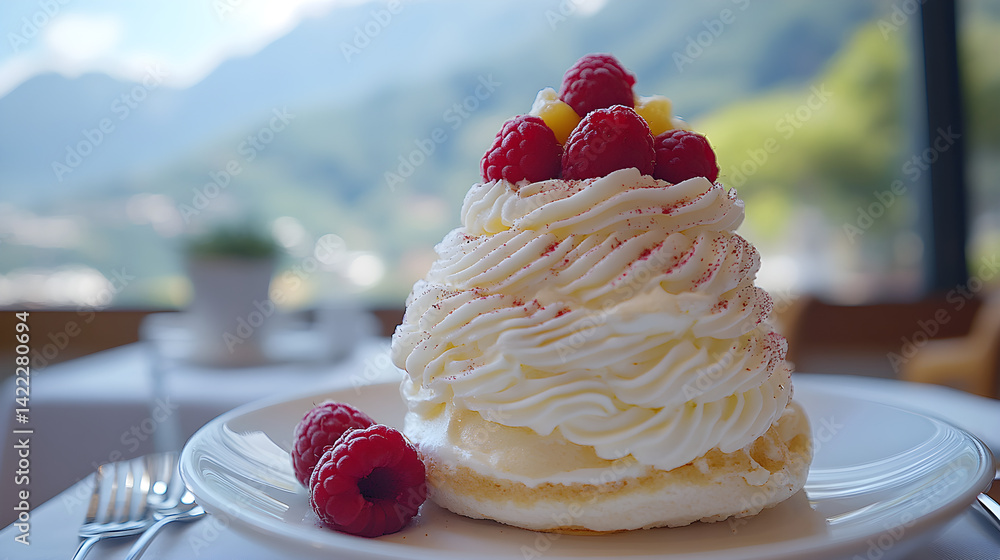 Pavlova with whipped cream and fresh fruit topping on delicate plate