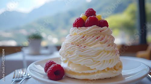 Obraz na płótnie Pavlova with whipped cream and fresh fruit topping on delicate plate w salonie