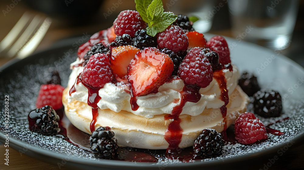 Pavlova with whipped cream and fresh fruit topping on delicate plate