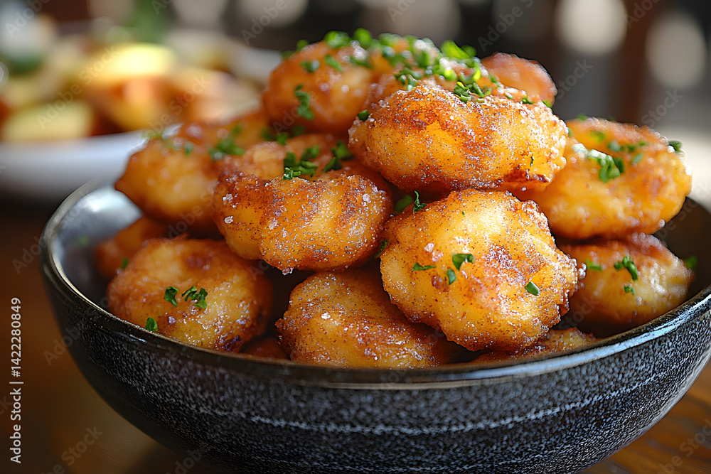 Warm apple fritters with cinnamon sugar coating served in a casual setting
