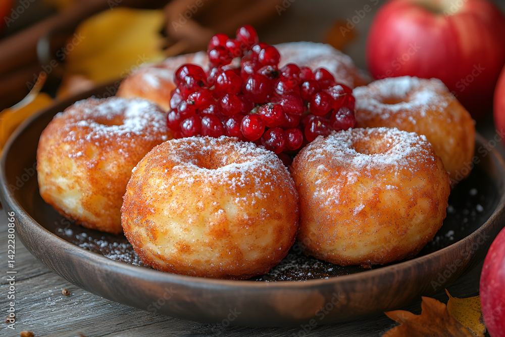 Warm apple fritters with cinnamon sugar coating served in a casual setting