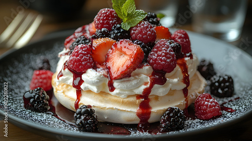 Obraz na płótnie Pavlova with whipped cream and fresh fruit topping on delicate plate w salonie