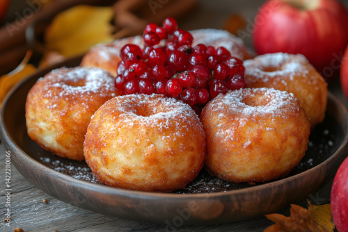 Obraz na płótnie Warm apple fritters with cinnamon sugar coating served in a casual setting w salonie