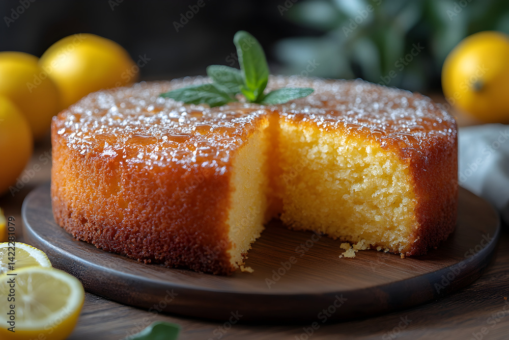 Moist lemon drizzle cake with citrus zest and glossy sugar glaze on wooden table