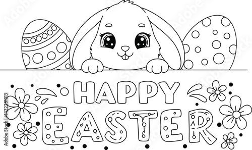 happy easter coloring card, bunny, eggs and flowers, . ready to print on standard