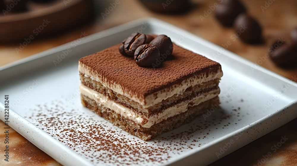 Tiramisu with coffee-soaked layers and dusted cocoa on a white plate