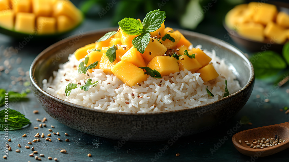 Mango sticky rice with fresh mango slices and coconut sticky rice served on a traditional plate