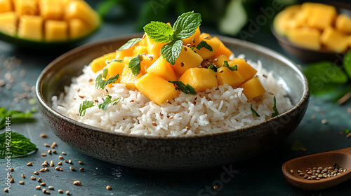 Obraz na płótnie Mango sticky rice with fresh mango slices and coconut sticky rice served on a traditional plate w salonie