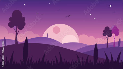 twilight meadow with silhouettes landscape background