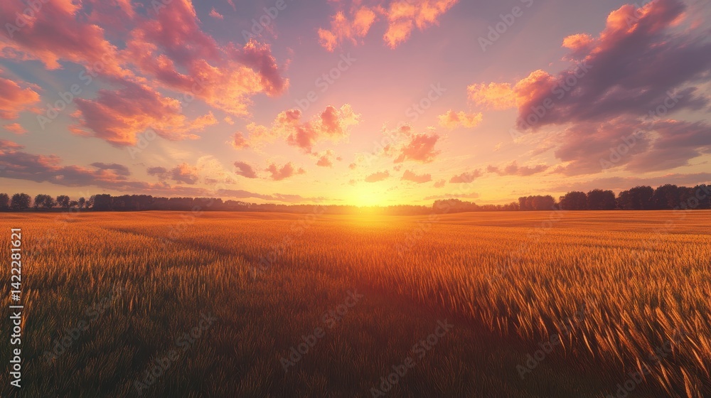 Obraz premium Golden sunset over serene grassy field.
