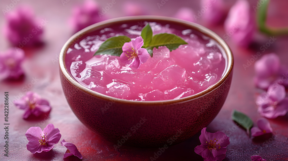 Sweet rosewater jelly with delicate texture and vibrant pink hue served in small bowl