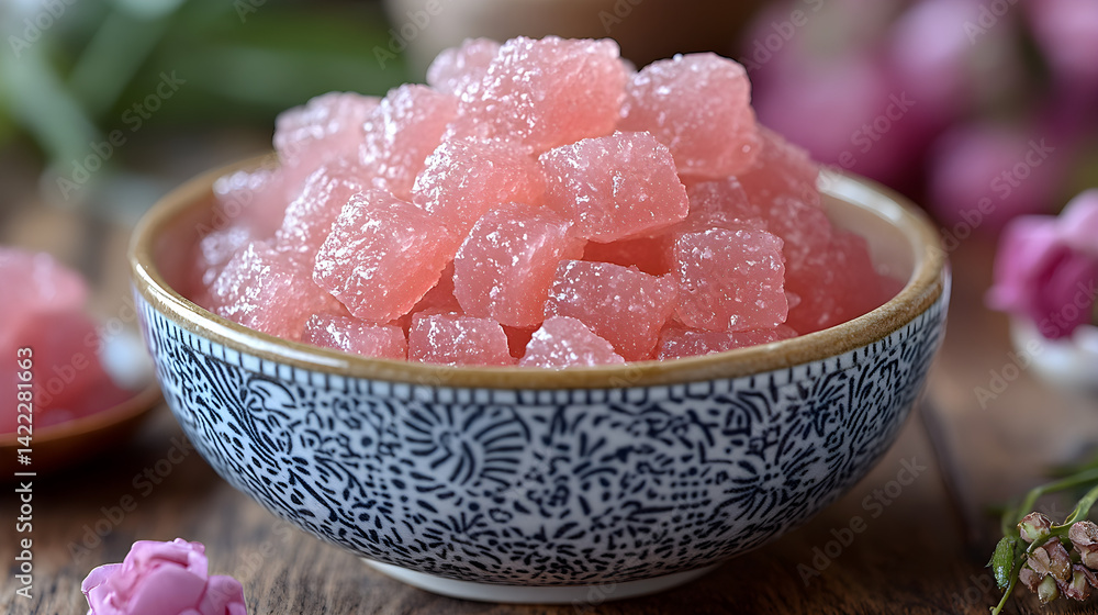 Sweet rosewater jelly with delicate texture and vibrant pink hue served in small bowl
