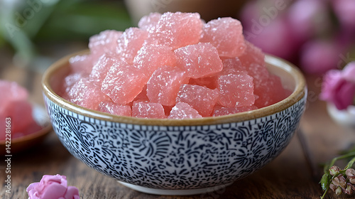 Obraz na płótnie Sweet rosewater jelly with delicate texture and vibrant pink hue served in small bowl w salonie