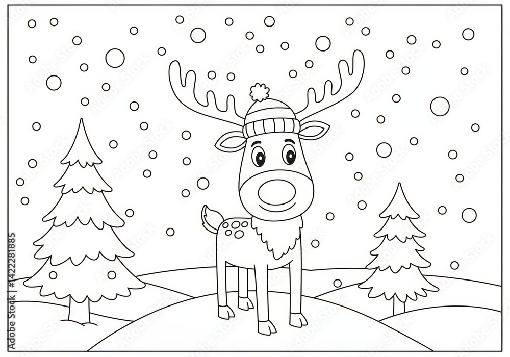 Fototapeta premium Winter Wonderland Coloring Page Featuring a Playful Reindeer Surrounded by Snowy Trees Outdoor Scene Whimsical Art Style Family-Friendly Activity