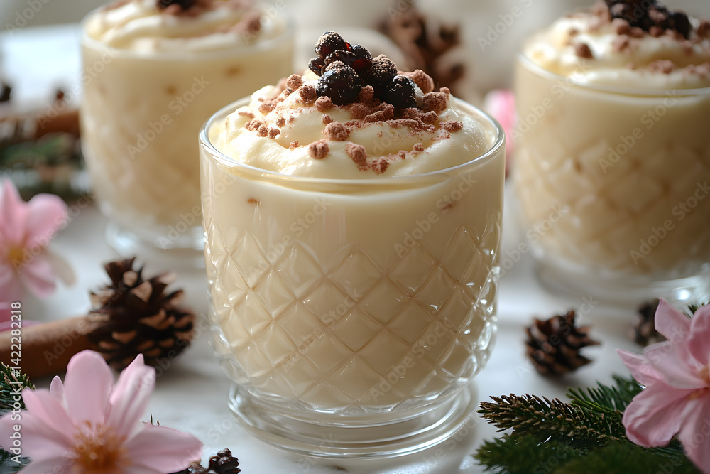 Rich zabaglione with soft texture and aromatic flavors in traditional glass cup