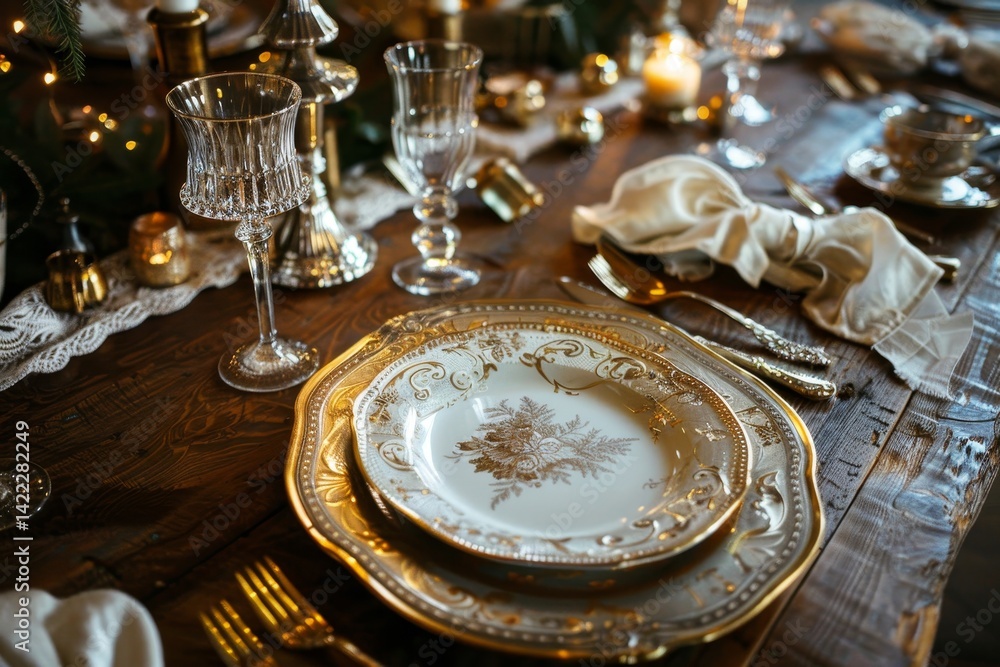 Fototapeta premium A close-up shot of a beautifully set table with vintage-inspired details and golden accents, Vintage-inspired details and golden accents