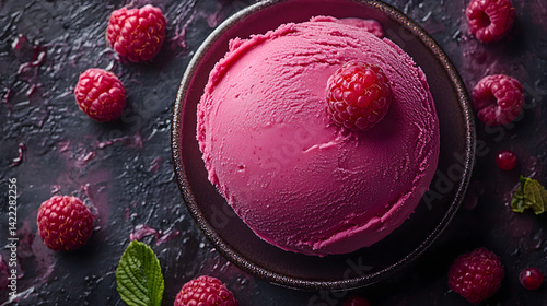 Obraz na płótnie Raspberry sorbet with vibrant red color and smooth texture on a chilled plate w salonie