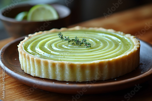 Zesty lime pie with smooth custard and bright green finish on rustic plate