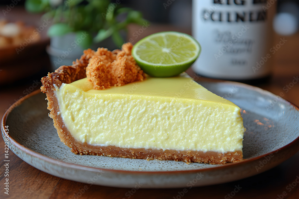 Zesty lime pie with smooth custard and bright green finish on rustic plate