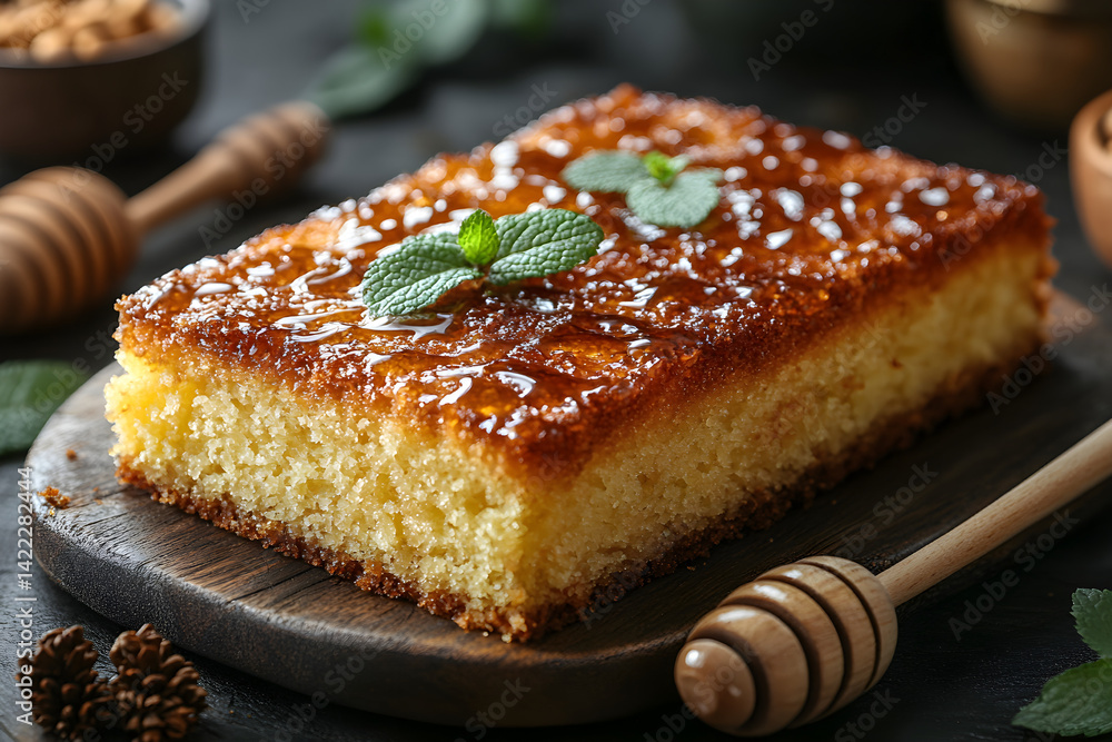 Sweet honey cake with soft crumb and golden honey glaze on rustic surface