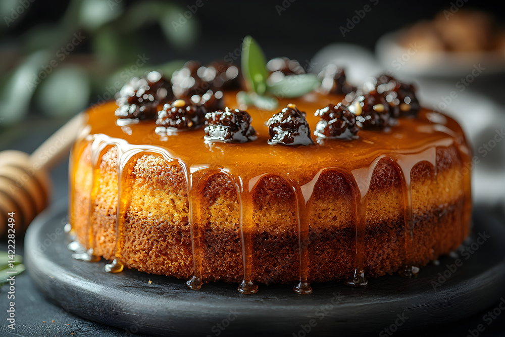 Sweet honey cake with soft crumb and golden honey glaze on rustic surface