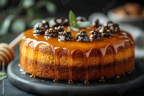 Obraz na płótnie Sweet honey cake with soft crumb and golden honey glaze on rustic surface w salonie