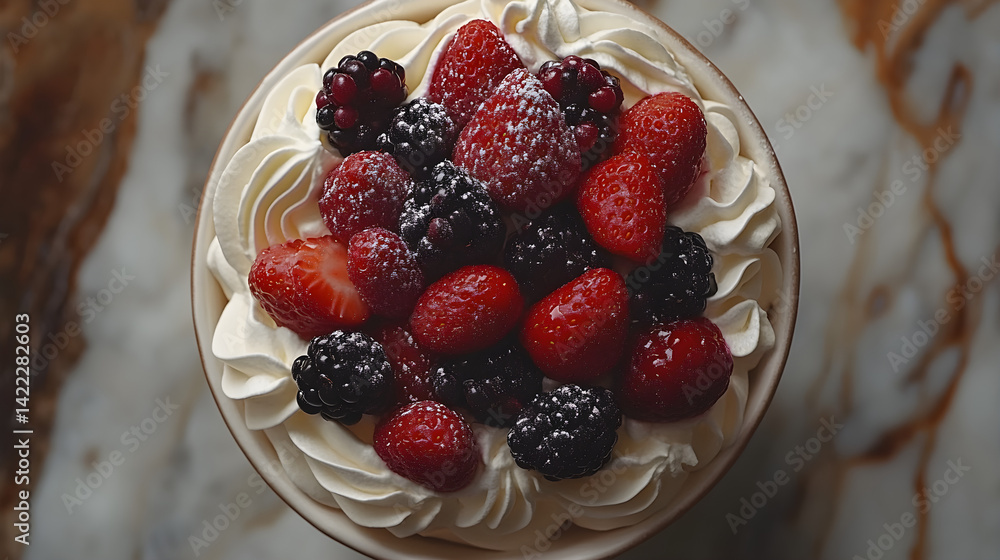 Pavlova with delicate meringue, fresh berries, and whipped cream topping