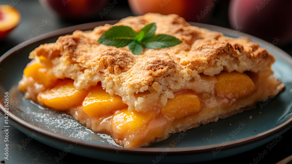 Peach cobbler with golden crust and juicy peach filling on rustic plate