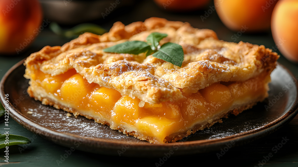 Peach cobbler with golden crust and juicy peach filling on rustic plate