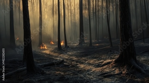 Forest floor scorched by wildfire, sunlight filtering through.