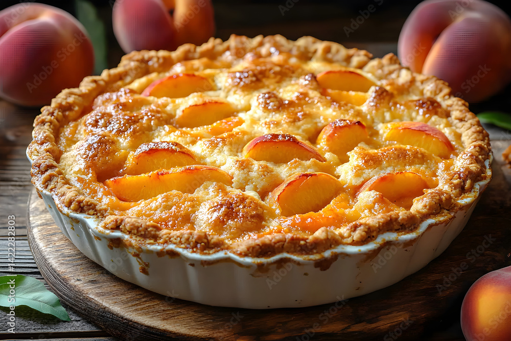 Warm peach cobbler with buttery crust and fresh peach aroma on wooden table